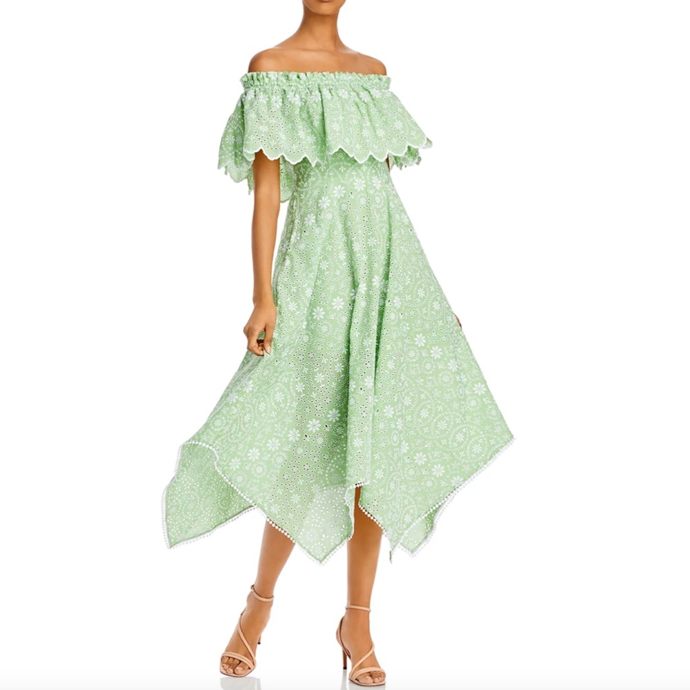 Charo Ruiz Ibiza Khadi Off-the-Shoulder Ruffled Eyelet Mint Green Dress Large